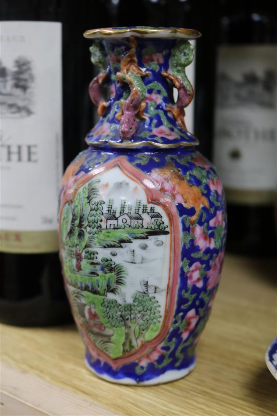 A near pair of Chinese blue and white baluster vases and covers, 28cm and sundry Oriental ceramics (14)